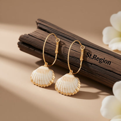 Shell and 18K Gold-Plated Charm Hoop Earrings, gold huggie earrings, elegant gift for her, front view