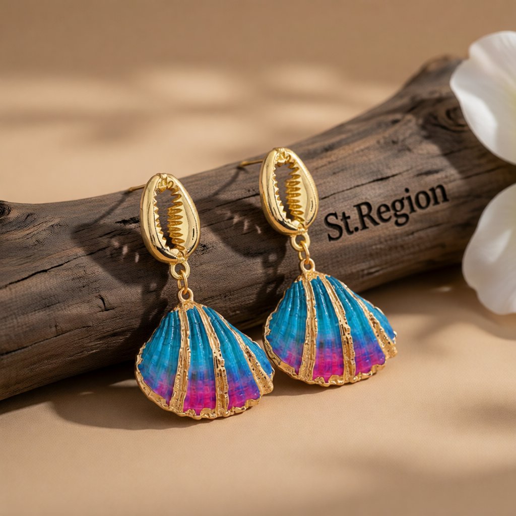 Blue Enamel and 18K Gold-Plated Mixed Shell Drop Earrings, gold drop earrings for women, vintage-inspired design, front view