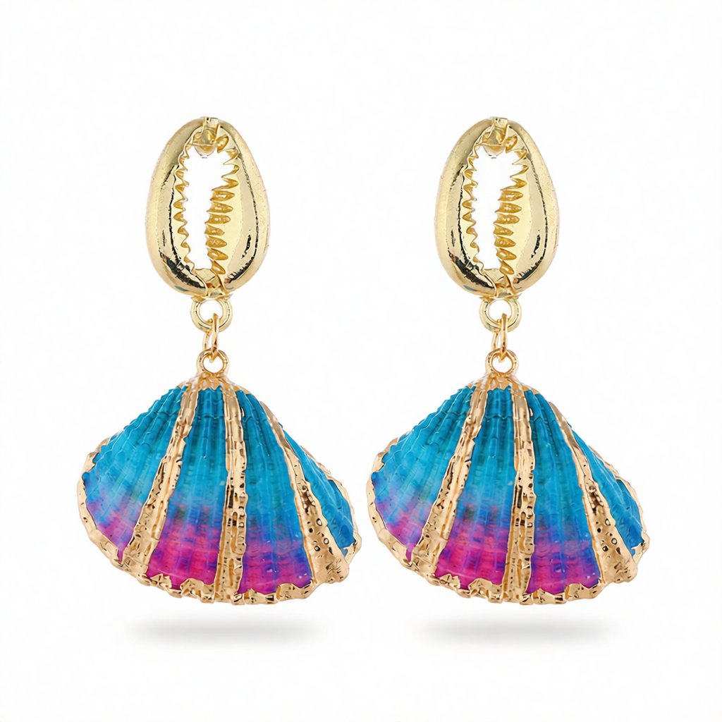 Blue Enamel and 18K Gold-Plated Mixed Shell Drop Earrings, gold drop earrings for women, vintage-inspired design, side view
