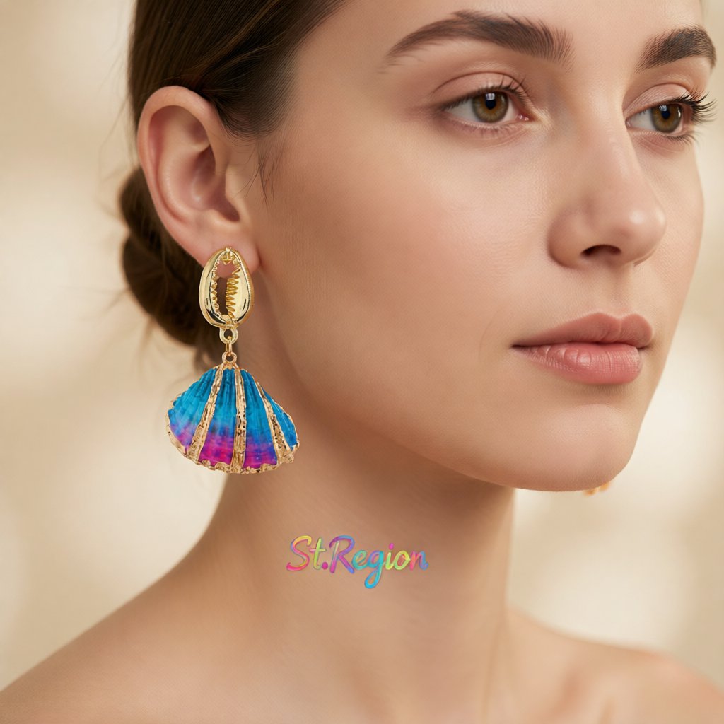 Blue Enamel and 18K Gold-Plated Mixed Shell Drop Earrings, gold drop earrings for women, vintage-inspired design, styled look