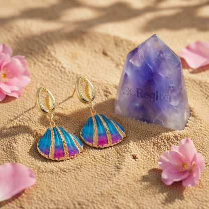 Blue Enamel and 18K Gold-Plated Mixed Shell Drop Earrings, gold drop earrings for women, detail close-up