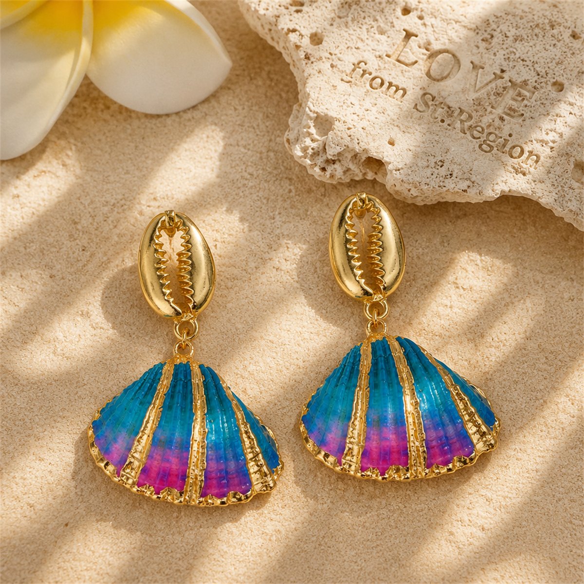 Blue Enamel and 18K Gold-Plated Mixed Shell Drop Earrings, gold drop earrings for women, lifestyle look