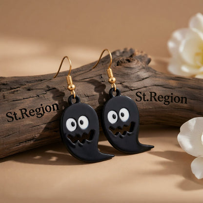 Black and 18K Gold-Plated Ghost Drop Earrings, gold drop earrings for women, vintage-inspired design, front view