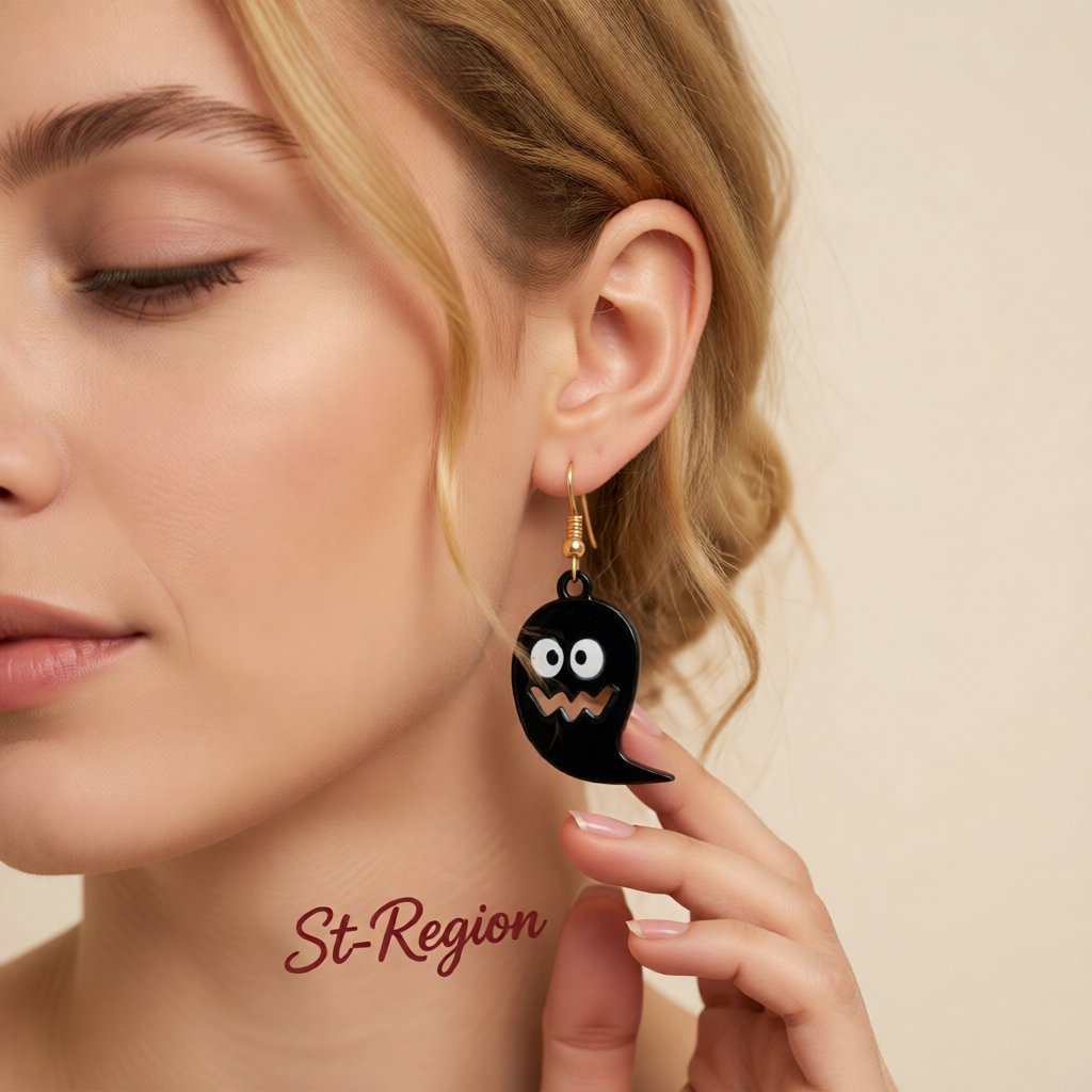 Black and 18K Gold-Plated Ghost Drop Earrings, gold drop earrings for women, vintage-inspired design, styled look
