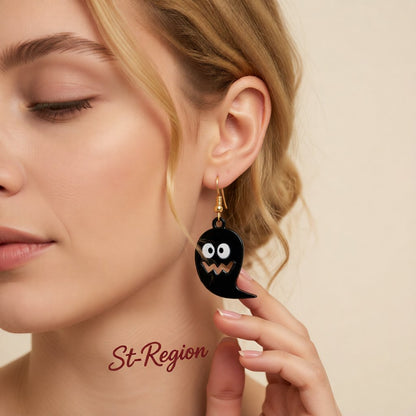 Black and 18K Gold-Plated Ghost Drop Earrings, gold drop earrings for women, vintage-inspired design, styled look