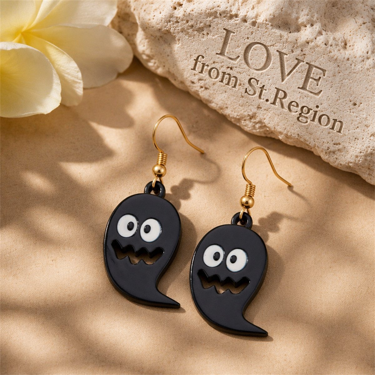Black and 18K Gold-Plated Ghost Drop Earrings, gold drop earrings for women, vintage-inspired design, lifestyle look