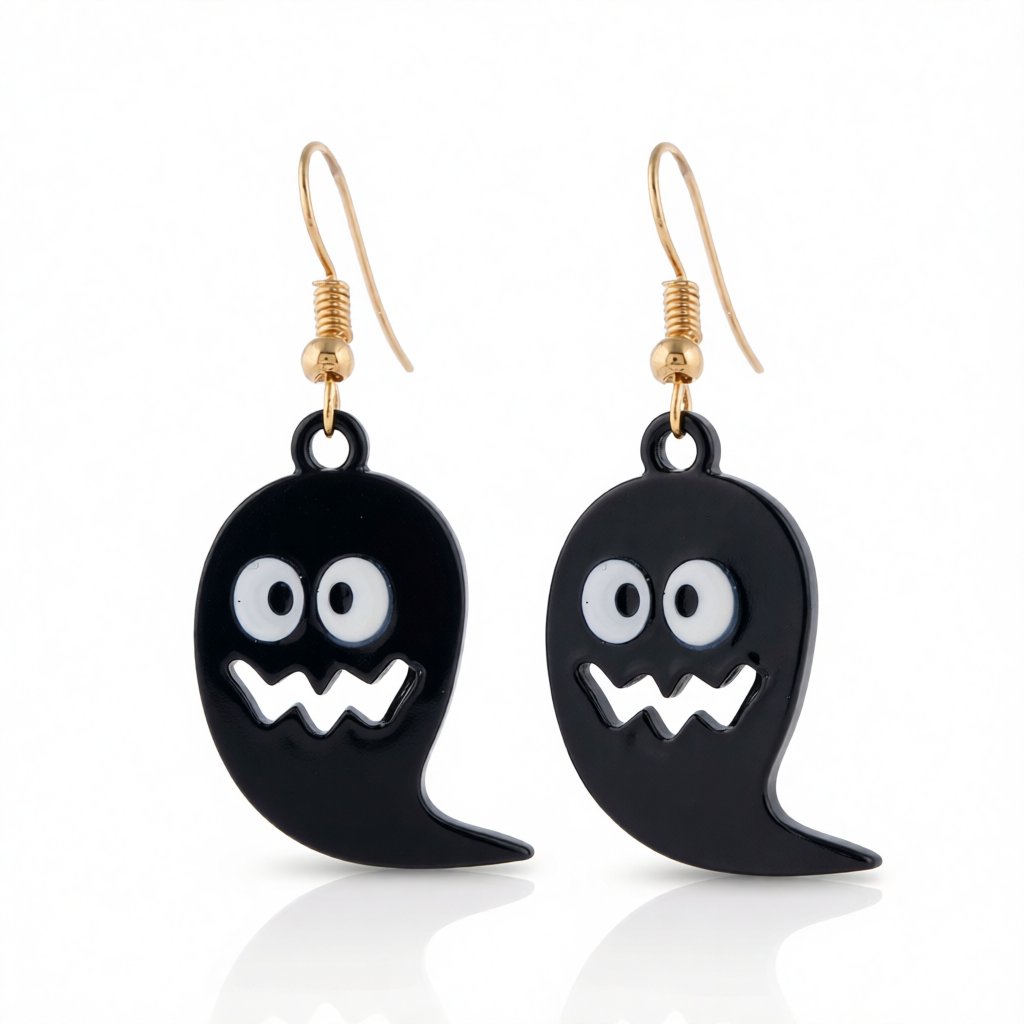 Black and 18K Gold-Plated Ghost Drop Earrings, gold drop earrings for women, vintage-inspired design, side view