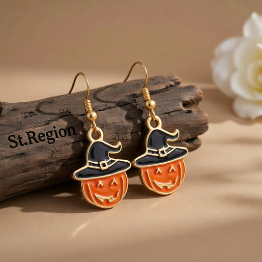 Orange and 18K Gold-Plated Pumpkin Drop Earrings, gold drop earrings for women, dainty minimalist design, front view