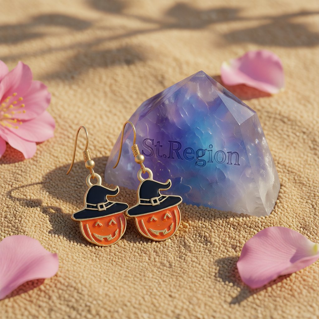 Orange and 18K Gold-Plated Pumpkin Drop Earrings, gold drop earrings for women, dainty minimalist design, detail close-up