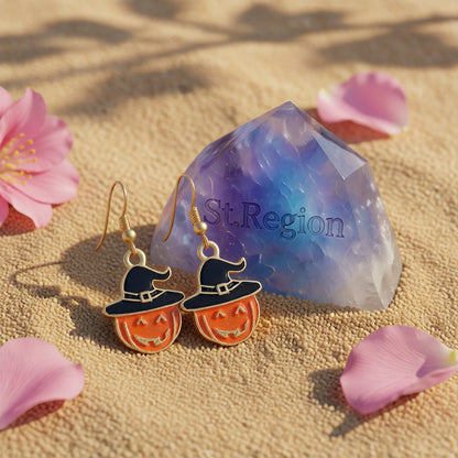 Orange and 18K Gold-Plated Pumpkin Drop Earrings, gold drop earrings for women, dainty minimalist design, detail close-up