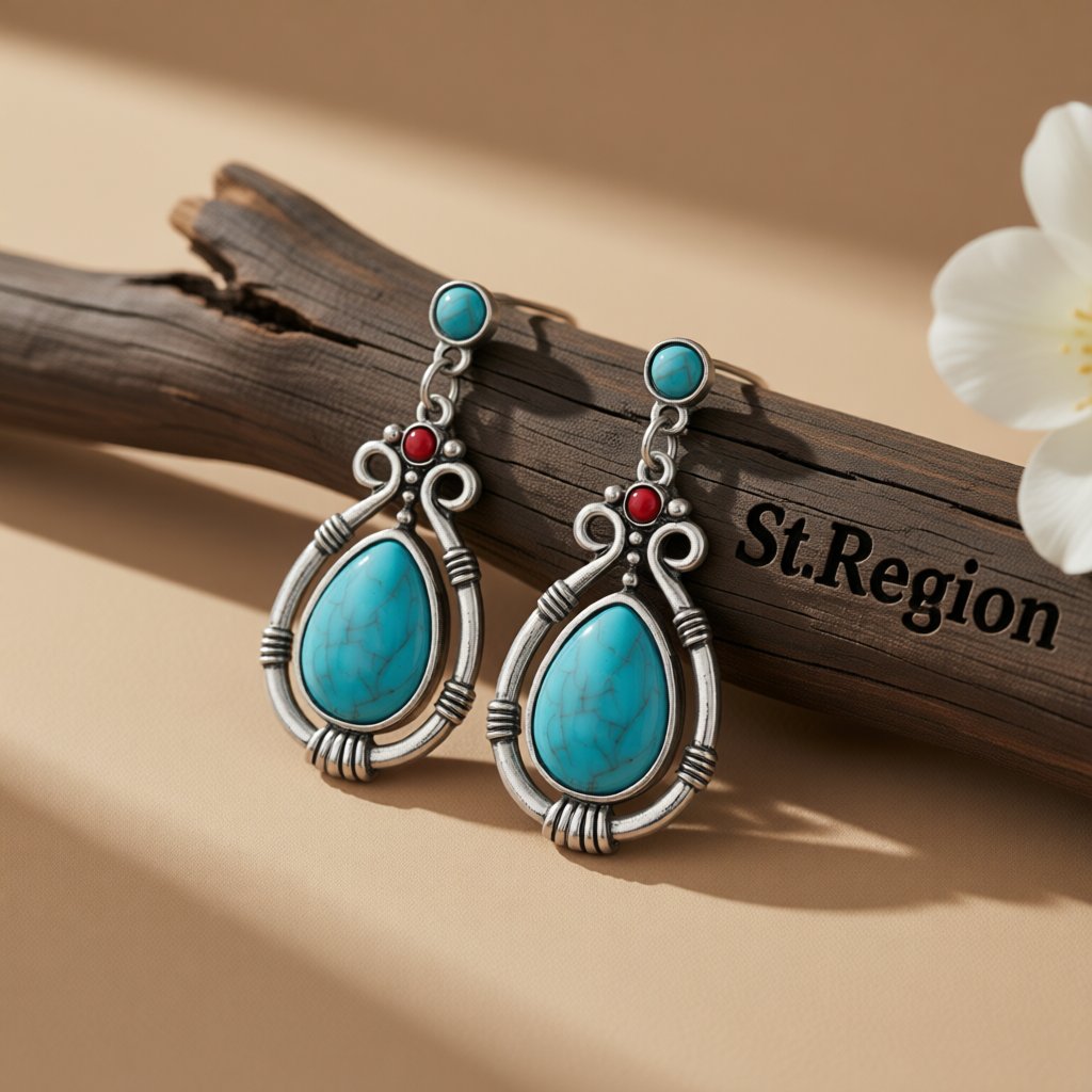 Turquoise and Silver-Plated Teardrop Earrings, silver drop earrings for women, everyday style, front view