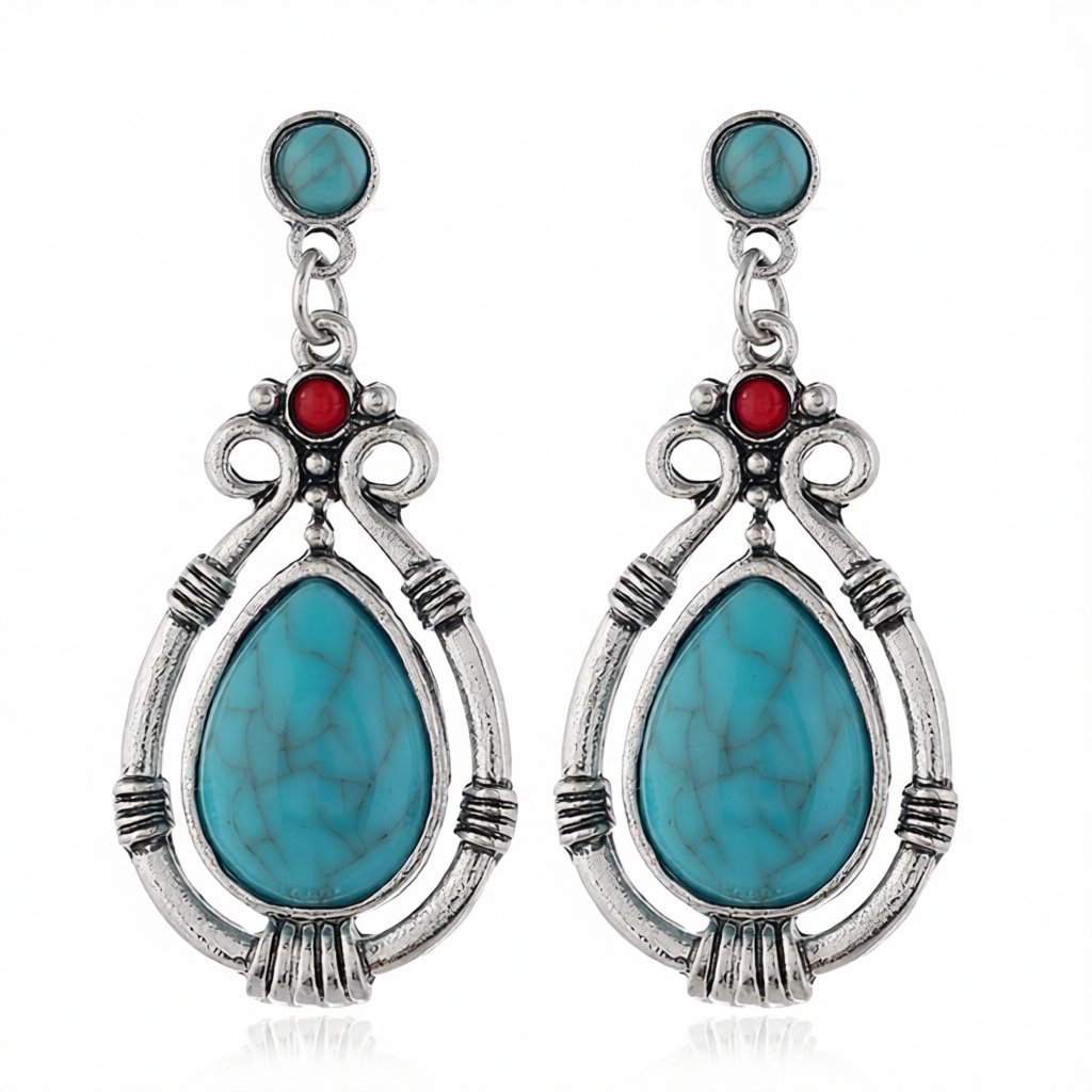 Turquoise and Silver-Plated Teardrop Earrings, silver drop earrings for women, everyday style, side view