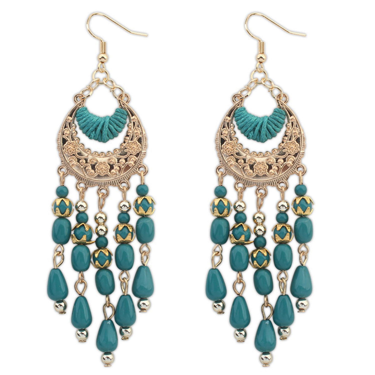 Green Resin and Polyster 18K Gold-Plated Tassel Drop Earrings, gold drop earrings for women, elegant gift for her, front view