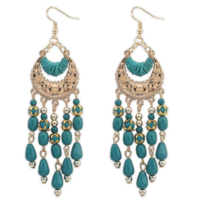 Green Resin and Polyster 18K Gold-Plated Tassel Drop Earrings, gold drop earrings for women, elegant gift for her, front view