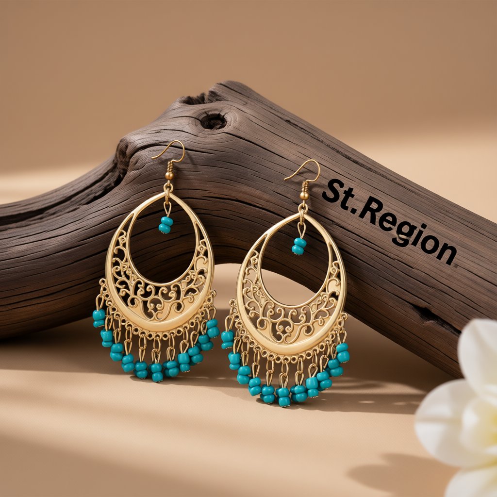 Green Turquoise and 18K Gold-Plated Openwork Drop Earrings, gold drop earrings for women, front view