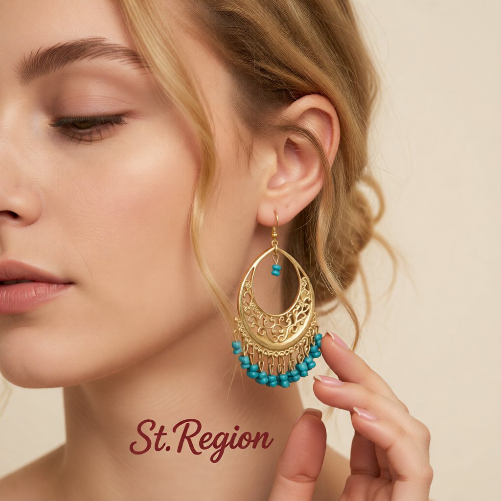 Green Turquoise and 18K Gold-Plated Openwork Drop Earrings, gold drop earrings for women, styled look