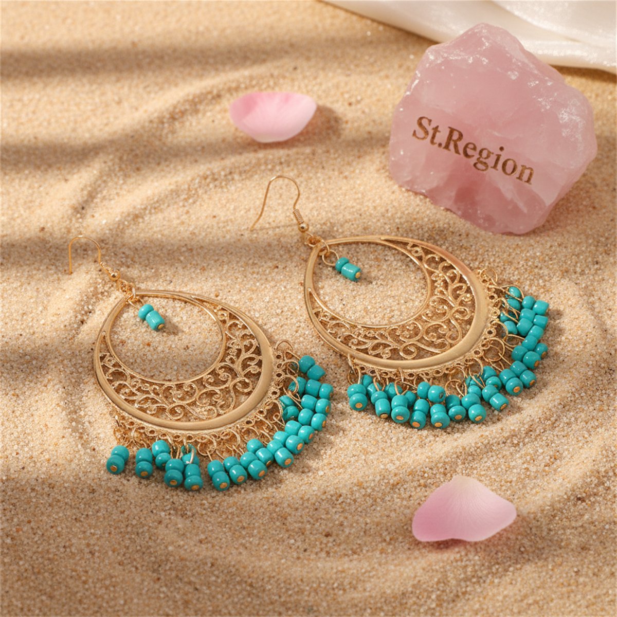 Green Turquoise and 18K Gold-Plated Openwork Drop Earrings, gold drop earrings for women, detail close-up