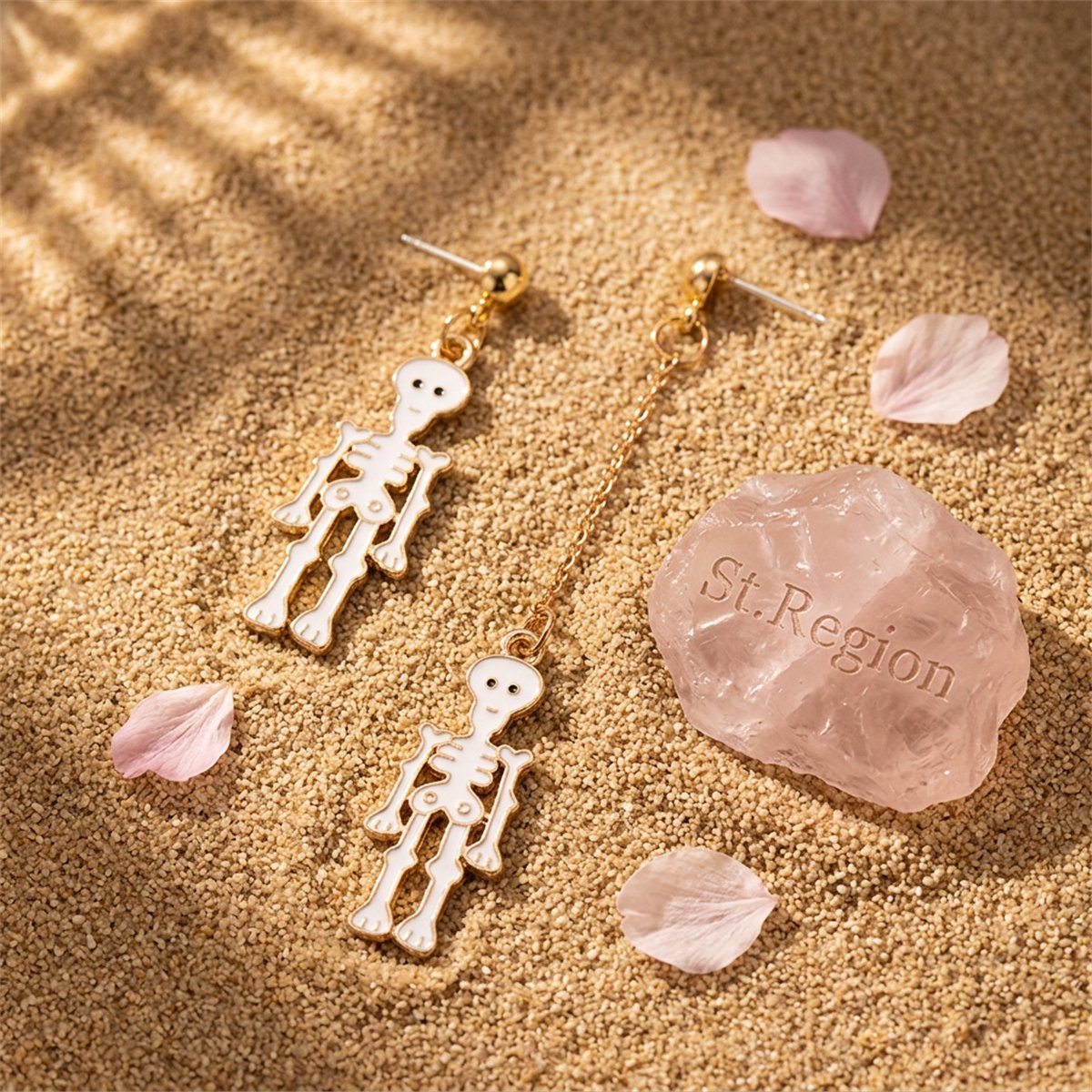 White Enamel and 18K Gold-Plated Skeleton Mismatching Drop Earrings, gold drop earrings for women, detail close-up