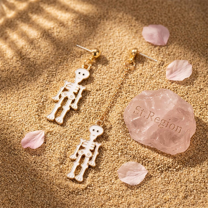 White Enamel and 18K Gold-Plated Skeleton Mismatching Drop Earrings, gold drop earrings for women, detail close-up