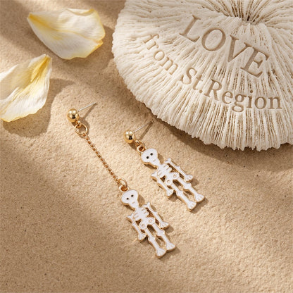 White Enamel and 18K Gold-Plated Skeleton Mismatching Drop Earrings, gold drop earrings for women, lifestyle look