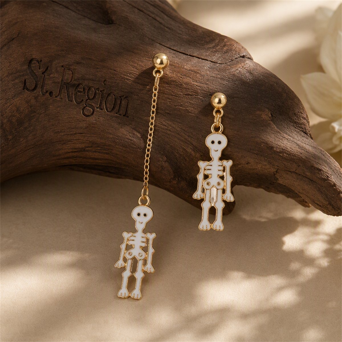 White Enamel and 18K Gold-Plated Skeleton Mismatching Drop Earrings, gold drop earrings for women, front view