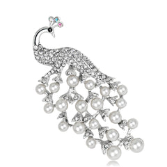 Pearl & Cubic Zirconia Silver-Plated Peacock Pavé-Set Brooch