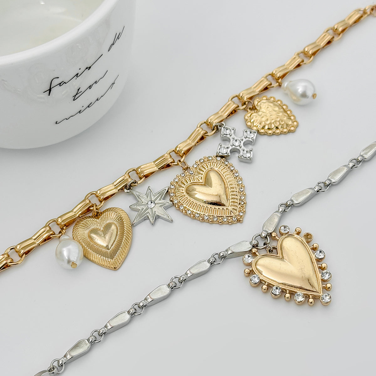 Pearl & Cubic Zirconia Two Tone Star Heart Charm Necklace Set