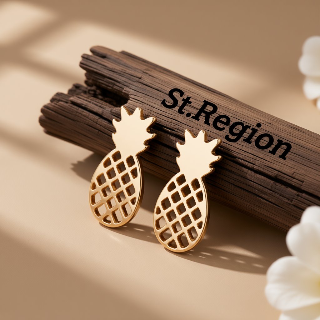 18K Gold-Plated Open Pineapple Stud Earrings, gold stud earrings for women, elegant gift for her, front view