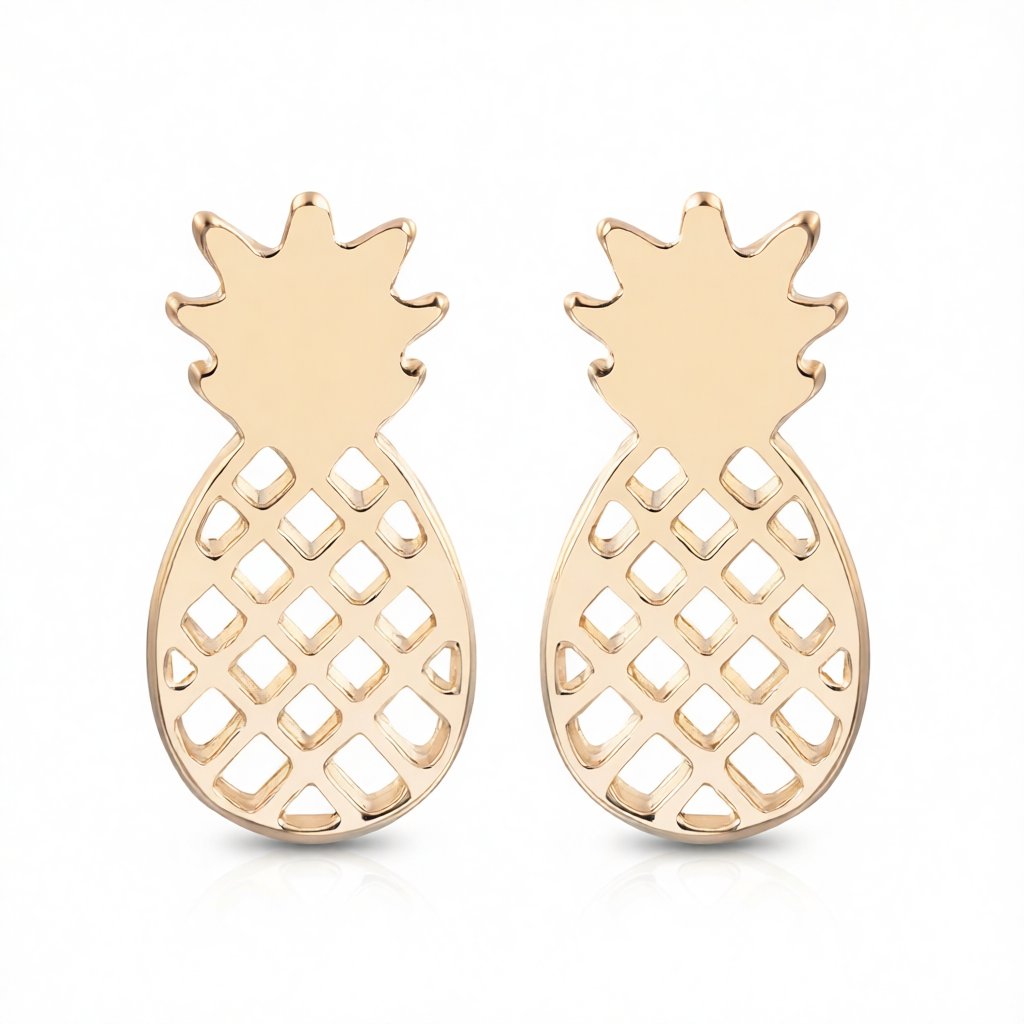 18K Gold-Plated Open Pineapple Stud Earrings, gold stud earrings for women, elegant gift for her, side view