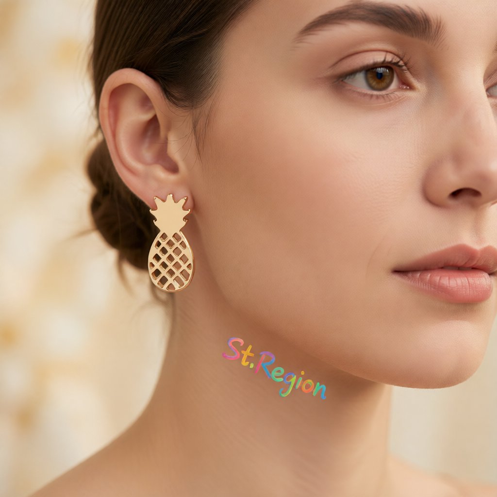 18K Gold-Plated Open Pineapple Stud Earrings, gold stud earrings for women, elegant gift for her, styled look