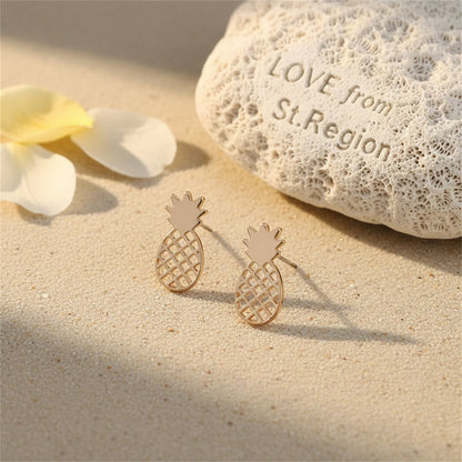 18K Gold-Plated Open Pineapple Stud Earrings, gold stud earrings for women, elegant gift for her, lifestyle look
