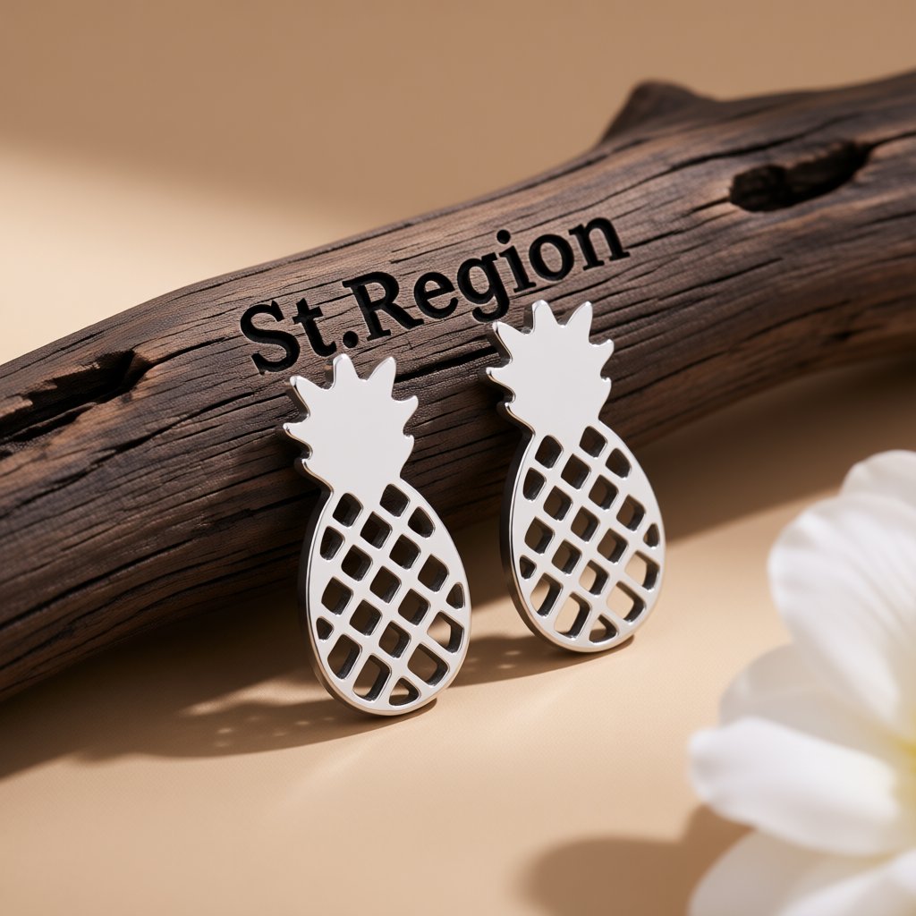 Silver-Plated Open Pineapple Stud Earrings, cubic zirconia stud earrings for women, dainty minimalist design, front view