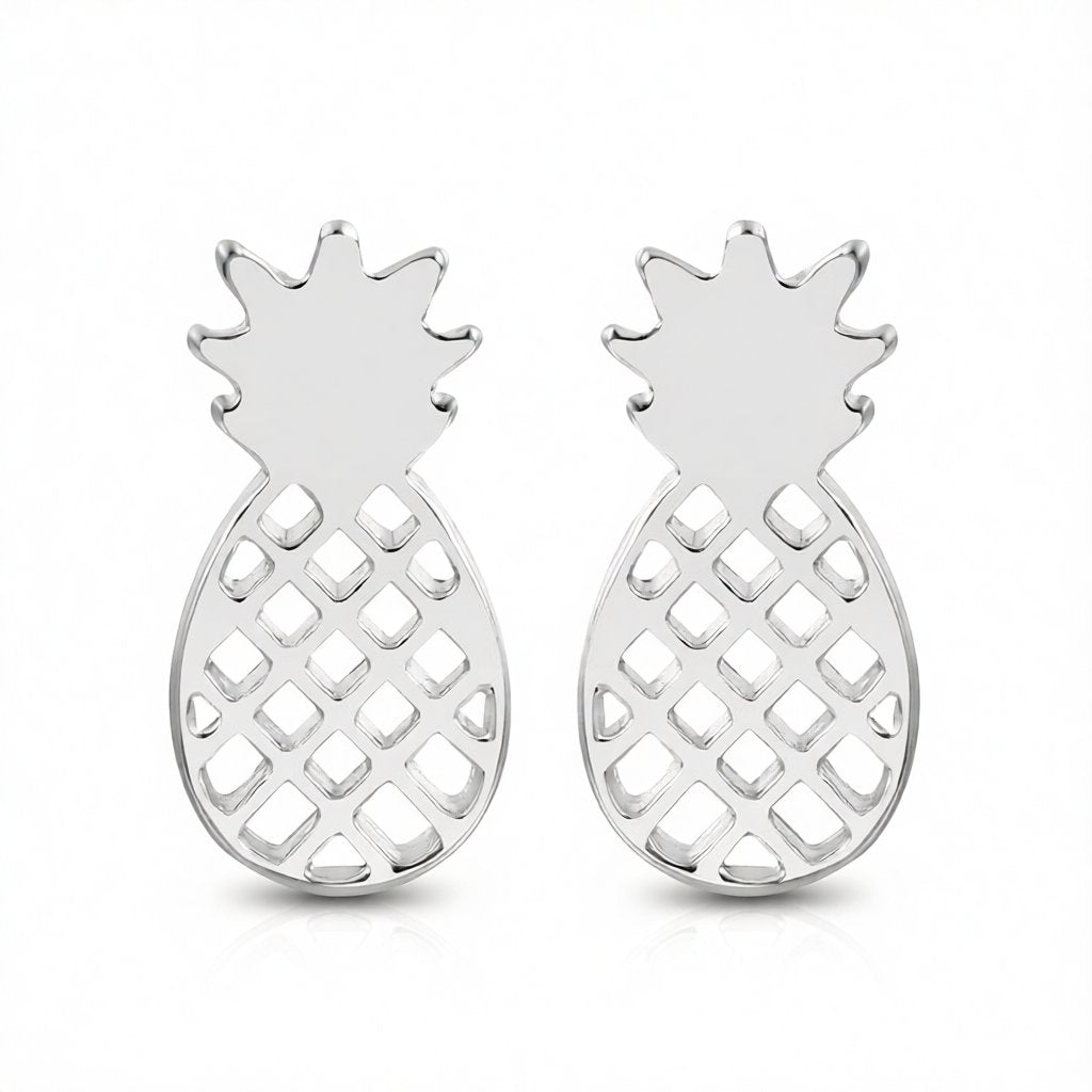 Silver-Plated Open Pineapple Stud Earrings, cubic zirconia stud earrings for women, dainty minimalist design, side view