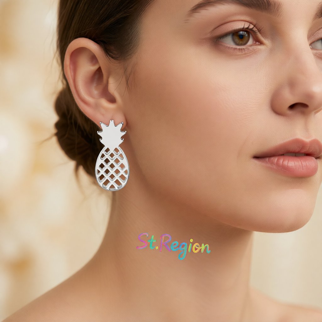 Silver-Plated Open Pineapple Stud Earrings, cubic zirconia stud earrings for women, dainty minimalist design, styled look