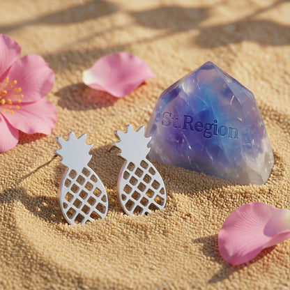 Silver-Plated Open Pineapple Stud Earrings, cubic zirconia stud earrings for women, dainty minimalist design, detail close-up