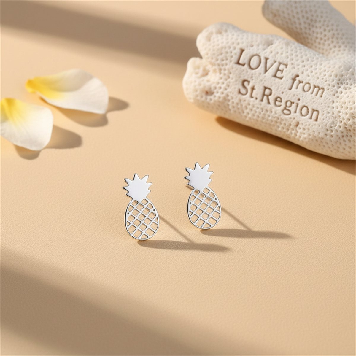 Silver-Plated Open Pineapple Stud Earrings, cubic zirconia stud earrings for women, dainty minimalist design, lifestyle look