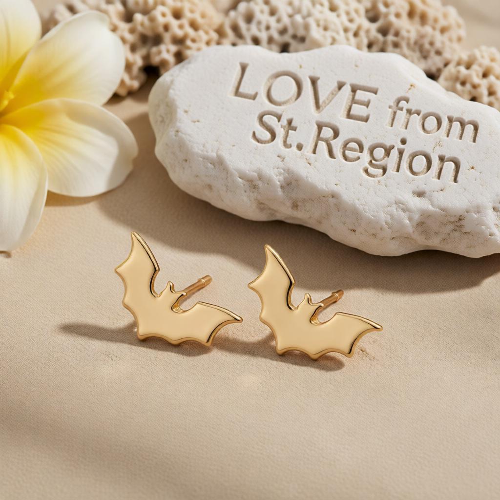 18K Gold-Plated Bat Stud Earrings, cubic zirconia stud earrings for women, botanical inspired, lifestyle look