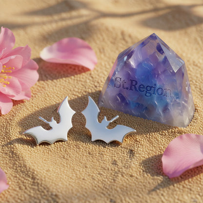 Silver-Plated Bat Stud Earrings, cubic zirconia stud earrings for women, botanical inspired, detail close-up