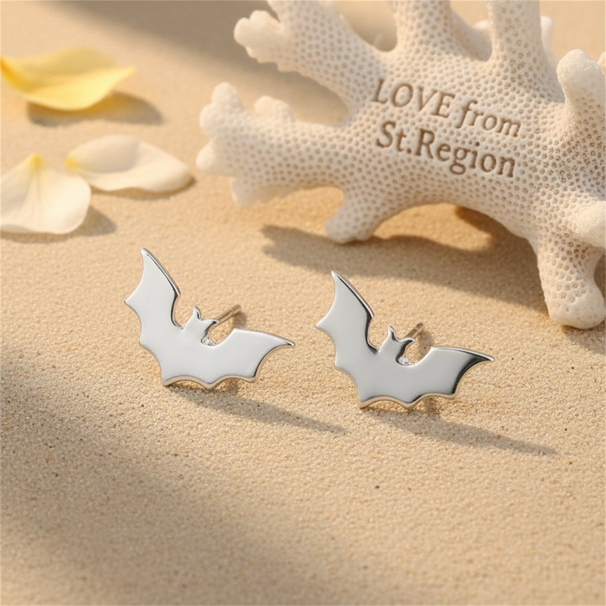 Silver-Plated Bat Stud Earrings, cubic zirconia stud earrings for women, botanical inspired, lifestyle look