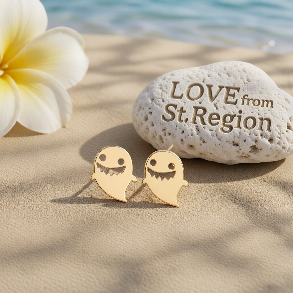 18K Gold-Plated Ghost Stud Earrings, gold stud earrings for women, botanical inspired, lifestyle look