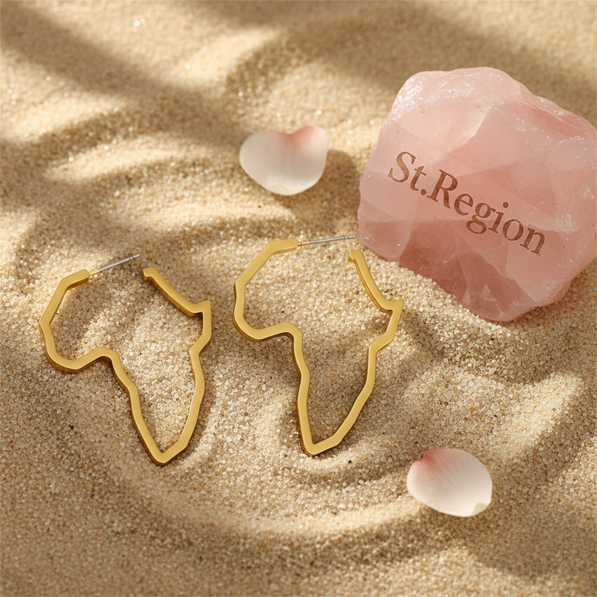 18K Gold-Plated Open Africa Map Hoop Earrings, gold huggie earrings, botanical inspired, detail close-up