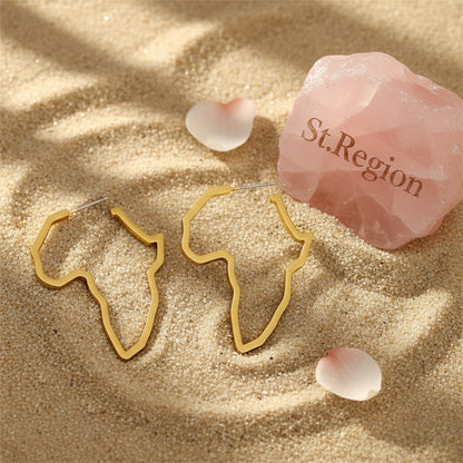 18K Gold-Plated Open Africa Map Hoop Earrings, gold huggie earrings, botanical inspired, detail close-up