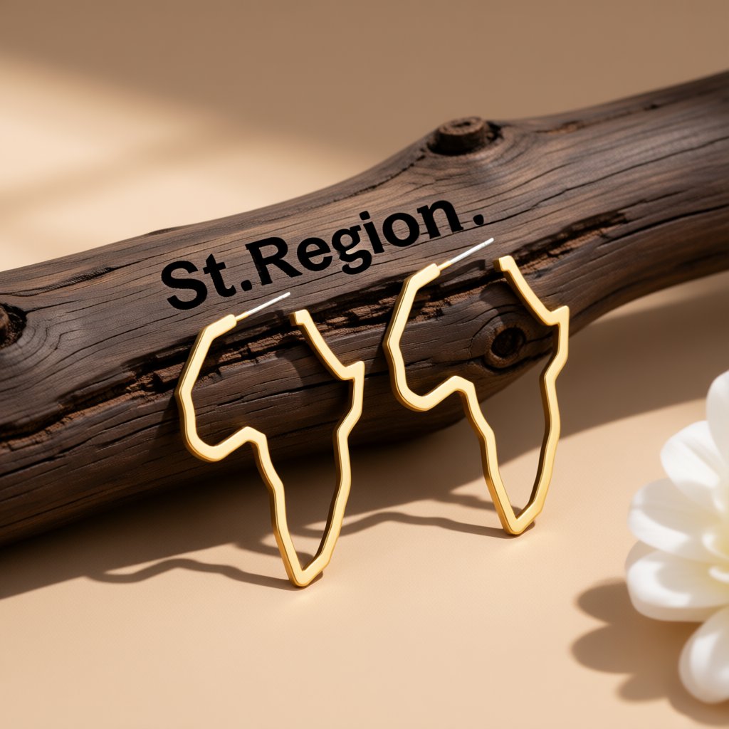 18K Gold-Plated Open Africa Map Hoop Earrings, gold huggie earrings, botanical inspired, front view