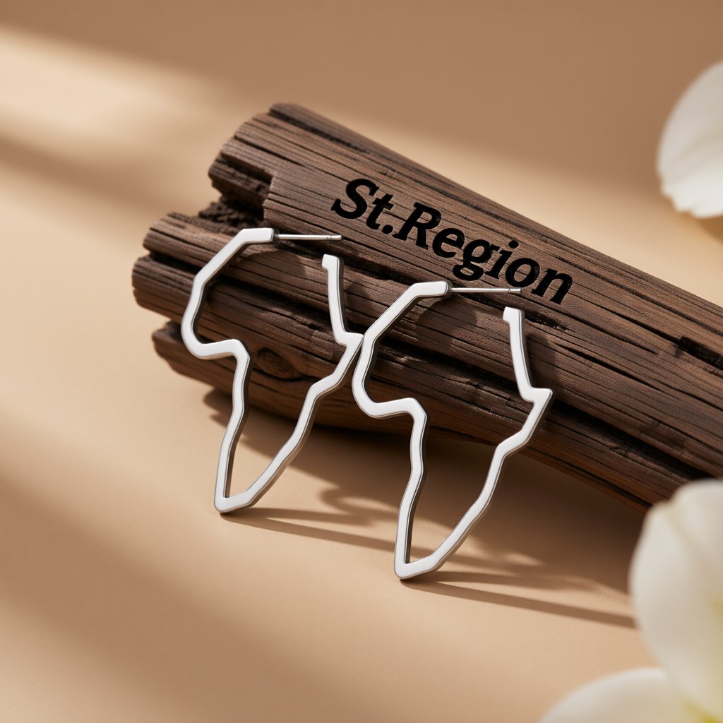 Silver-Plated Open Africa Map Hoop Earrings, silver huggie earrings, elegant gift for her, front view