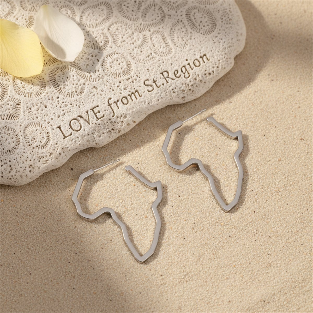 Silver-Plated Open Africa Map Hoop Earrings, silver huggie earrings, elegant gift for her, lifestyle look