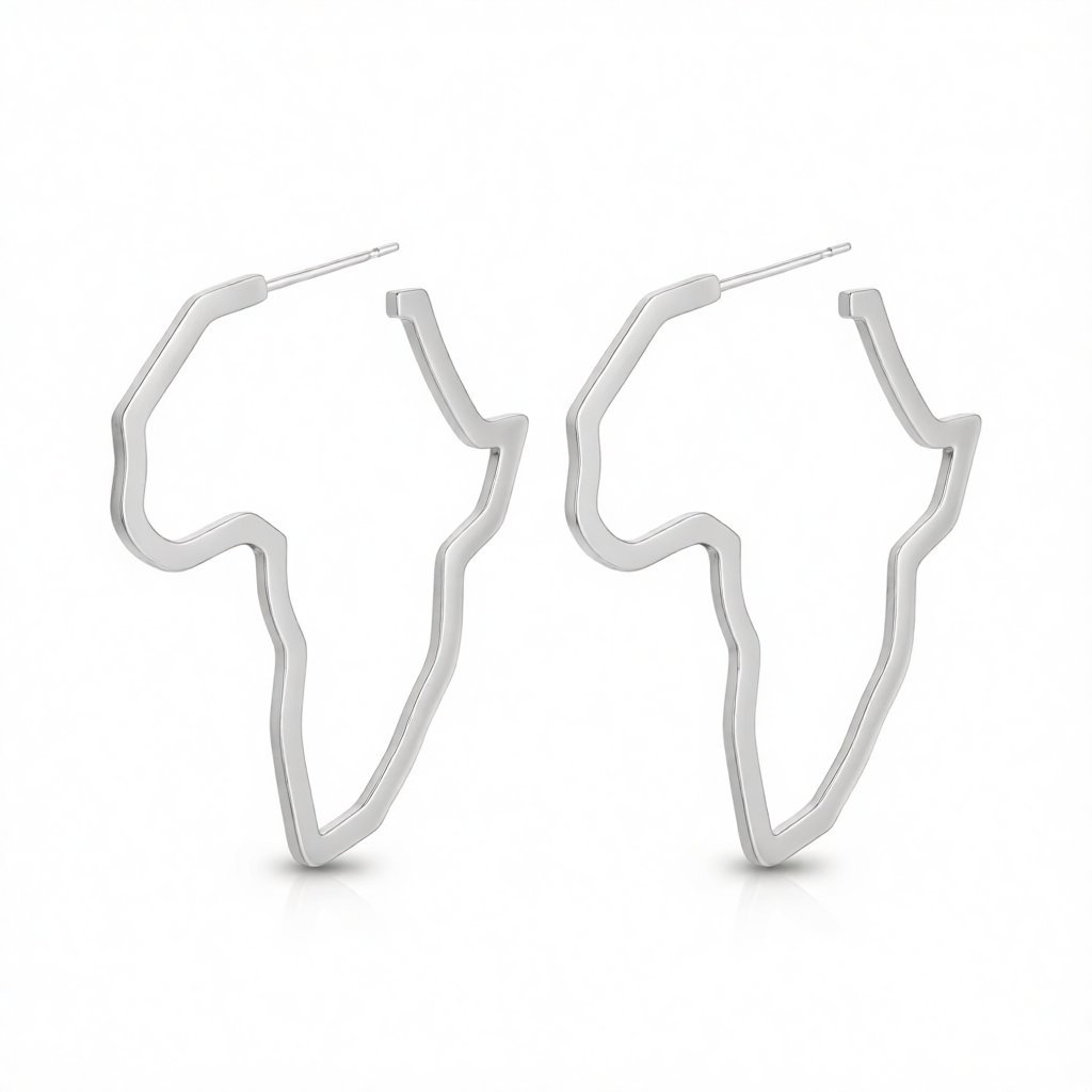 Silver-Plated Open Africa Map Hoop Earrings, silver huggie earrings, elegant gift for her, side view