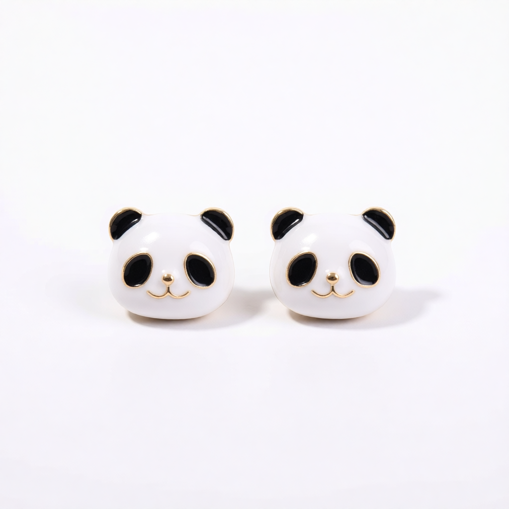 White Enamel & 18K Gold-Plated Panda Stud Earrings