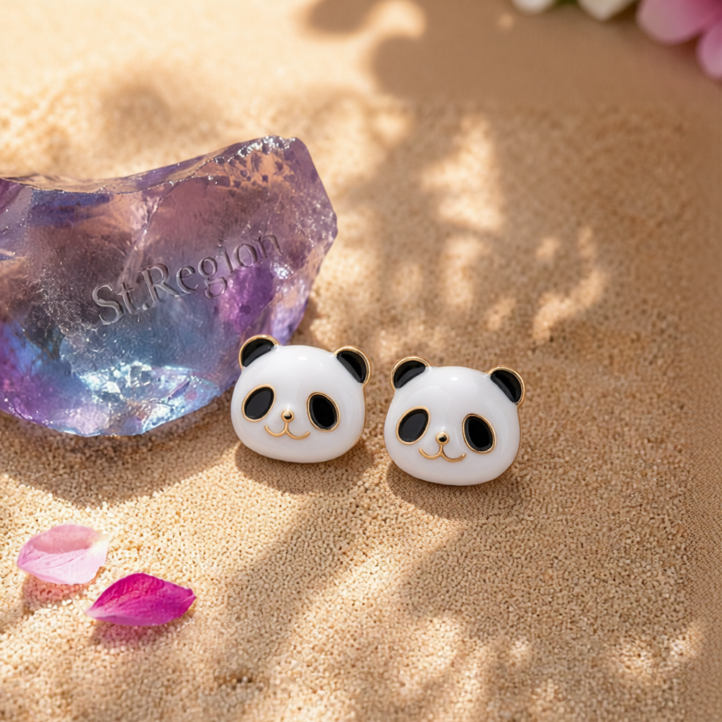 White Enamel & 18K Gold-Plated Panda Stud Earrings