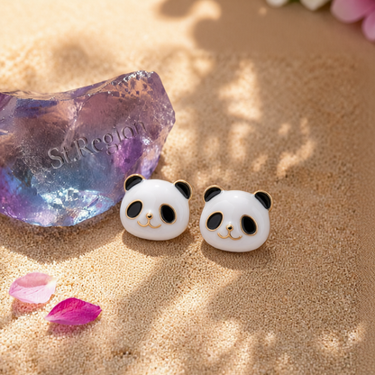 White Enamel & 18K Gold-Plated Panda Stud Earrings