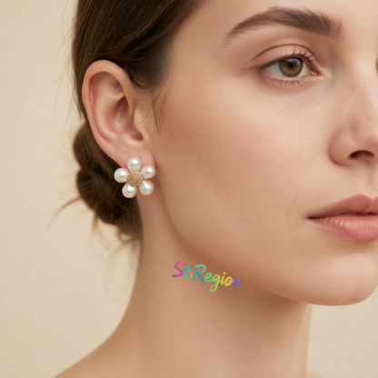 Pearl & 18K Gold-Plated Flower Stud Earrings